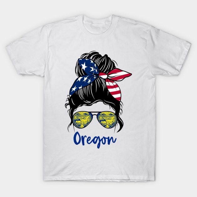Oregon girl Messy bun , American Girl , Oregon Flag T-Shirt by JayD World